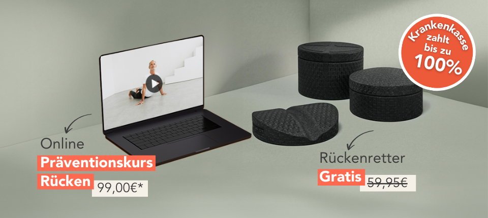 Der Rückenretter und ein Laptop mit einem Liebscher & Bracht Rückenkurs.