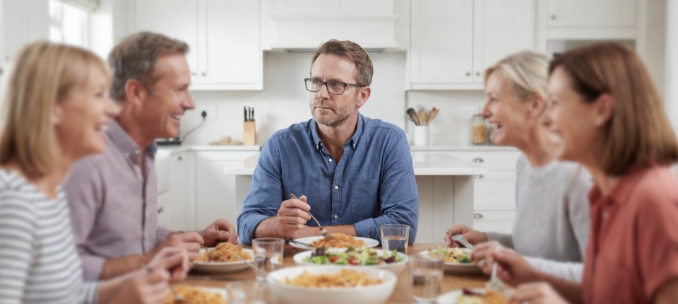 Ein Mann mit Brille sitzt nachdenklich am Esstisch, während die Personen um ihn herum lachen und sich lebhaft unterhalten.