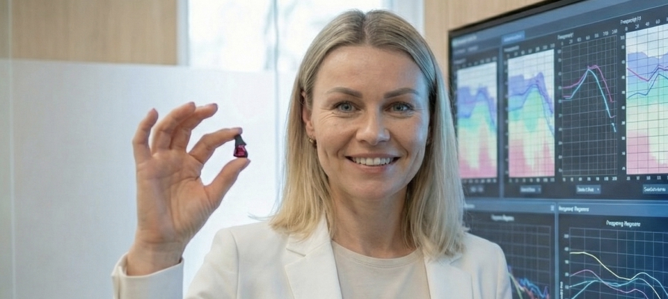 Eine lächelnde Expertin hält das winzige In-Ohr-Hörgerät audibene IX hoch; im Hintergrund zeigt ein Monitor audiologische Analysen zur Gehirnstimulation.